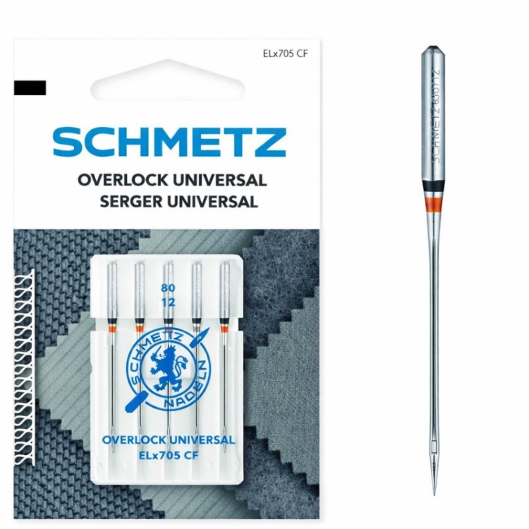 Igły półpłaskie Schmetz ELx705 SUK CF VCS do coverloków, opakowanie zawiera pięć igieł o rozmiarze 80. Igły mają metaliczny kolor, z charakterystycznym oznaczeniem na trzonku. Tło opakowania w odcieniach szarości i niebieskiego.