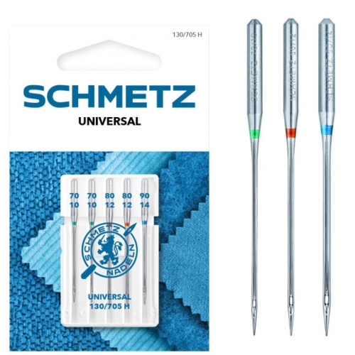 Igły półpłaskie Schmetz 130/705H w zestawie 5 sztuk, w rozmiarach 70, 80, 90. W opakowaniu widoczne logo Schmetz oraz oznaczenia rozmiarów na igłach, które są metaliczne i mają kolorowe końcówki (zielona, pomarańczowa, niebieska).