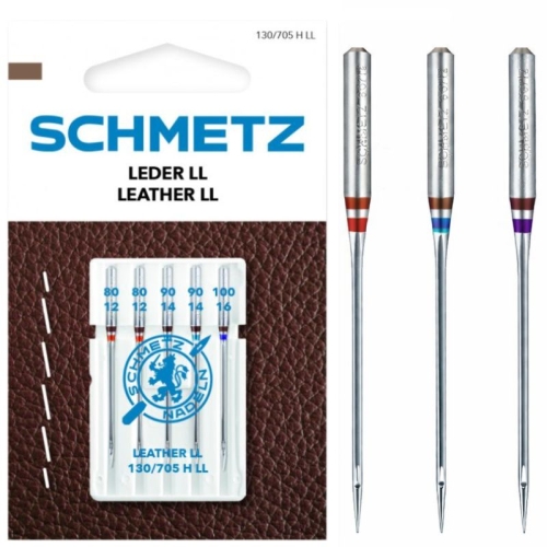Igły półpłaskie Schmetz 130/705H-LL do skóry, zestaw 5 sztuk w rozmiarach 80, 90, 100. Opakowanie z przezroczystym uchwytem, z widocznym logo Schmetz i instrukcją. Igły mają metaliczne końcówki i kolorowe oznaczenia rozmiarów. Tło w odcieniu brązowym.