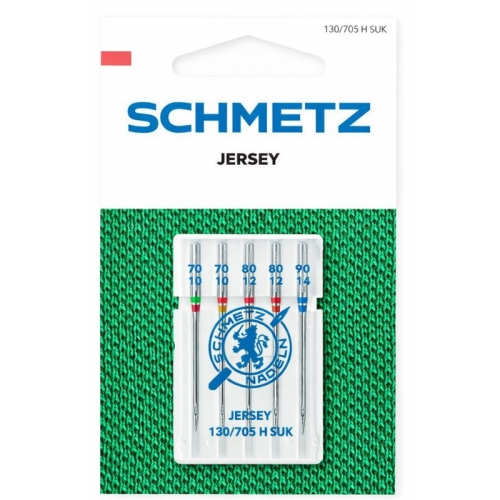 Igły półpłaskie Schmetz 130/705H SUK do jerseyu w zestawie 5 sztuk. W skład wchodzą igły o rozmiarach: 70, 80, 90. Opakowanie z widocznym logo Schmetz, umieszczone na zielonym tle z teksturą dzianiny.