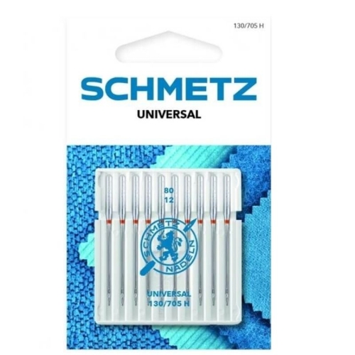 Igły półpłaskie Schmetz 130/705H XCS uniwersalne 80, zestaw 10 sztuk. Opakowanie zawiera igły w kolorze srebrnym z czerwonym oznaczeniem. Widoczny nadruk z logo Schmetz oraz informacjami o typie i rozmiarze igieł. Tło w odcieniach niebieskiego.