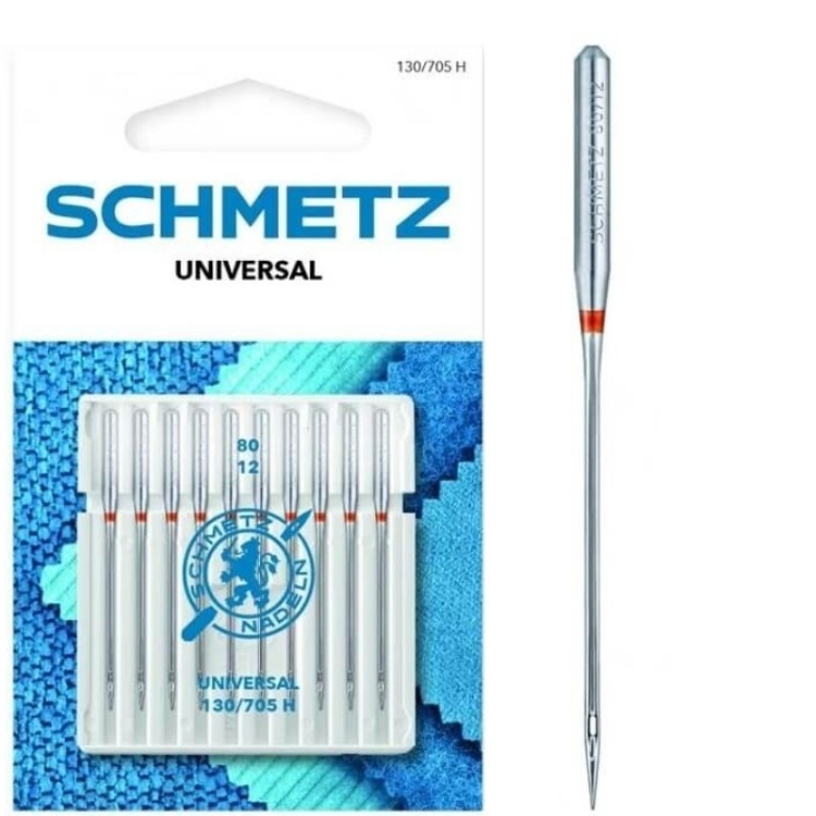 Igły półpłaskie Schmetz 130/705H XCS uniwersalne, rozmiar 80, w opakowaniu 10 sztuk. Widok na opakowanie z igłami umieszczonymi w białym wkładzie, z logo Schmetz oraz informacją o rozmiarze. Tło w odcieniach błękitu.