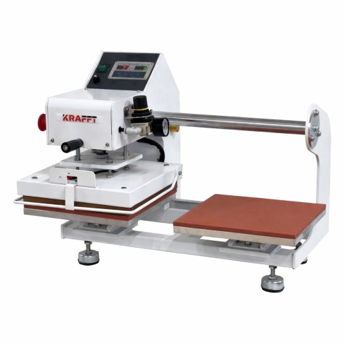 Prasa do termodruku KRAFFT THQ-2525S o wymiarach 25x25 cm, dwupłytowa. Urządzenie w kolorze białym z metalowym uchwytem i panelami sterującymi. Posiada dolną płytę z brązowym wykończeniem oraz stabilne nóżki. Ujęcie frontalne.