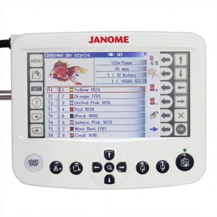 Widoczny jest duży, kolorowy wyświetlacz LCD z menu w języku polskim, na którym wyświetlone są parametry aktualnie wybranego haftu, w tym jego rozmiar, czas wykonania oraz lista kolorów nic