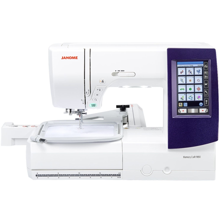 Maszyna Janome Memory Craft 9850: precyzyjne szycie i haft w jednym urządzeniu. Wyposażona w kolorowy ekran dotykowy, intuicyjne menu oraz automatyczne funkcje ułatwiające pracę. Kompaktowa i niezawodna, idealna do kreatywnych projektów domowych.