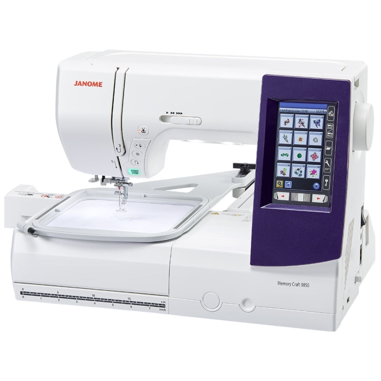 Maszyna Janome Memory Craft 9850: precyzyjne szycie i haft w jednym urządzeniu. Wyposażona w kolorowy ekran dotykowy oraz intuicyjne menu. Kompaktowa i niezawodna, idealna do kreatywnych projektów domowych i profesjonalnych.