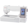 Model Janome MC550E Limited Edition w białej wersji kolorystycznej z panelem dotykowym. Dołączony program Artistic Digitizer Jr + rozszerzenie. Widoczna instrukcja zapakowana w białe pudełko z zielonym wzorem. Urządzenie ustawione stabilnie na płasko.