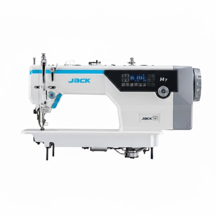 Nowoczesna stebnówka Jack H7. Wyposażona w energooszczędny silnik Direct Drive, automatyczne pozycjonowanie igły oraz intuicyjny panel operacyjny. Zapewnia cichą pracę, wysoką precyzję szycia i doskonałą wydajność przy materiałach średnich i ciężkich.
