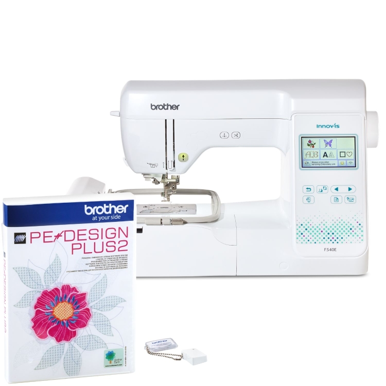 Maszyna do szycia Brother Innov-is F540E z programem PE-Design Plus2. Intuicyjna haftarka z kolorowym ekranem LCD, oferująca 193 wzory haftów i 13 czcionek. Zapewnia precyzję, wysoką jakość ściegów oraz zaawansowane funkcje projektowania.