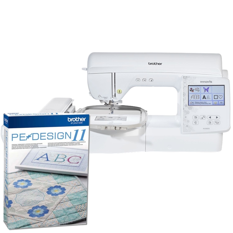 Hafciarka komputerowa Brother Innov-is NV880E w zestawie z profesjonalnym programem PE-Design 11. Posiada pole haftu 260x160 mm, kolorowy ekran dotykowy, automatyczne nawlekanie igły i 258 wbudowanych wzorów. Idealna do personalizacji odzieży.