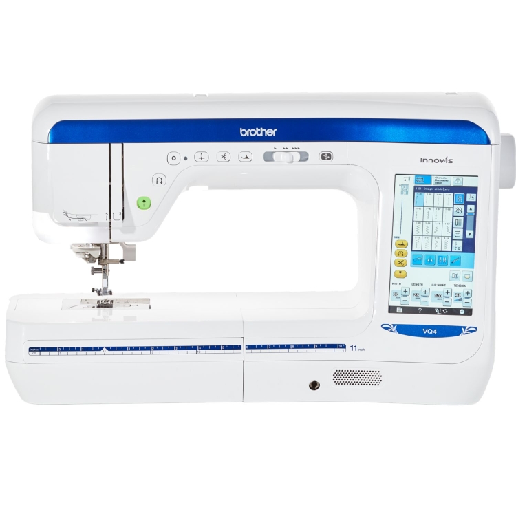 Maszyna do szycia Brother Innov-is VQ4. Profesjonalny model z dużym polem pracy 285 mm, kolorowym ekranem LCD i zaawansowanymi funkcjami automatycznymi. Idealna do quiltingu oraz dekoracyjnych projektów o wysokim stopniu skomplikowania.