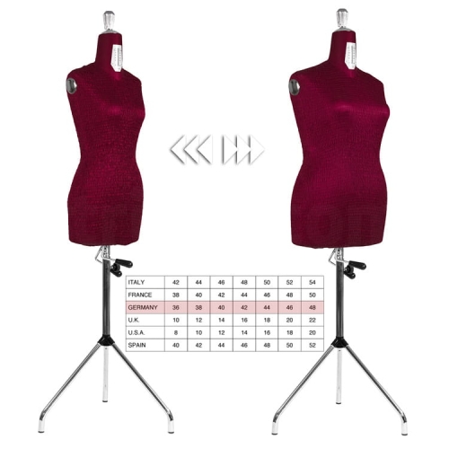 Manekin krawiecki DRESS FORM MULTI FLEX w kolorze bordowym, regulowany w rozmiarach 36-48, z metalowym stojakiem. Widoczne informacje o rozmiarach dla różnych krajów na dole. Ujęcie frontalne z dwóch stron, ukazujące detale i konstrukcję produktu.
