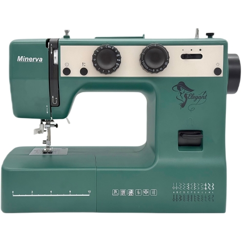 Maszyna Minerva Elegant w odcieniu petrol: 25 ściegów, precyzyjne pokrętła, jasne LED i 100W mocy. Kompaktowy, wytrzymały model z metalowym chwytaczem dla profesjonalnych i hobbystycznych projektów.