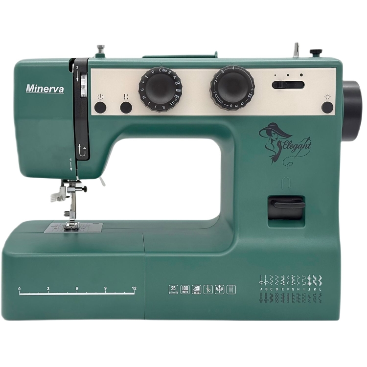 Maszyna Minerva Elegant w odcieniu petrol: 25 ściegów, precyzyjne pokrętła, jasne LED i 100W mocy. Kompaktowy, wytrzymały model z metalowym chwytaczem dla profesjonalnych i hobbystycznych projektów.