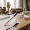 Mazak pisak krawiecki w kolorze fioletowo-różowym, z końcówką różową z jednej strony i fioletową z drugiej. Widoczny napis AT10-VP textile marker oraz informacje o czasie znikania: 24h i 48h. Produkt leży poziomo na białym tle.