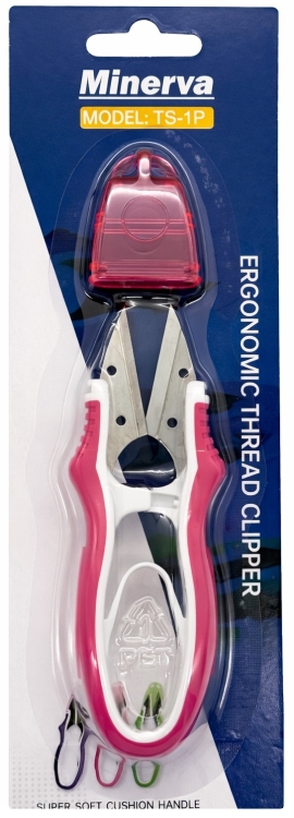 Różowo-białe obcinaczki do nici i żyłki Minerva TS-1P to wygodne narzędzie do codziennego użycia. Ergonomiczny uchwyt poprawia kontrolę, metalowe ostrza tną równo, a transparentna osłona chroni ostrza i zwiększa komfort pracy.