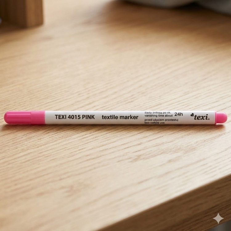 Różowy marker krawiecki do tkanin z końcówką typu pisak, przeznaczony do tymczasowych oznaczeń. Na korpusie widnieje oznaczenie „A95-P textile marker” oraz informacja o znikaniu śladów po ok. 24 godzinach. Ujęcie z przodu na tle biurka.