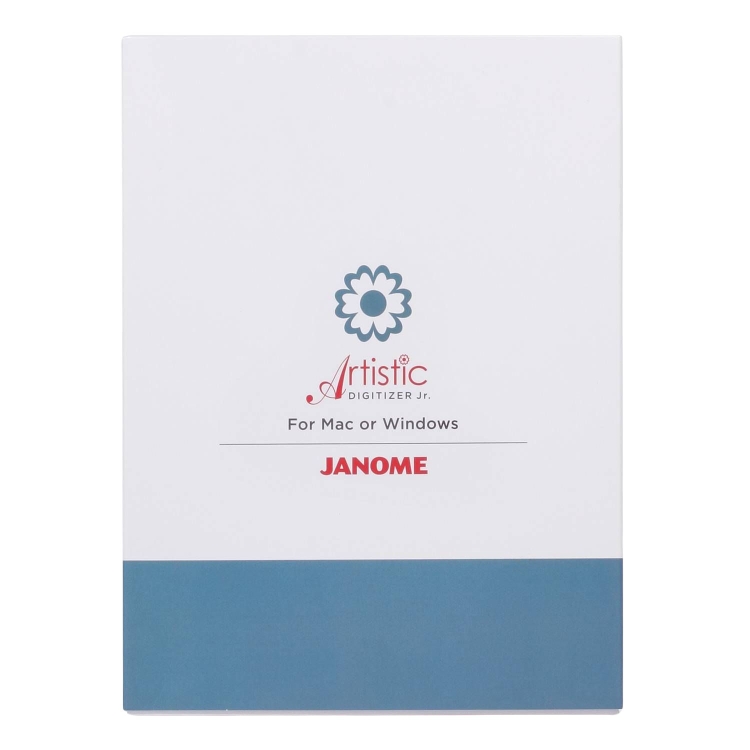 Oprogramowanie Janome Artistic Digitizer Jr do projektowania haftów, umieszczone w białym opakowaniu z zielonym wzorem kwiatka na przedzie. Widoczne napisy JANOME i For Mac or Windows. Produkt ustawiony pionowo.