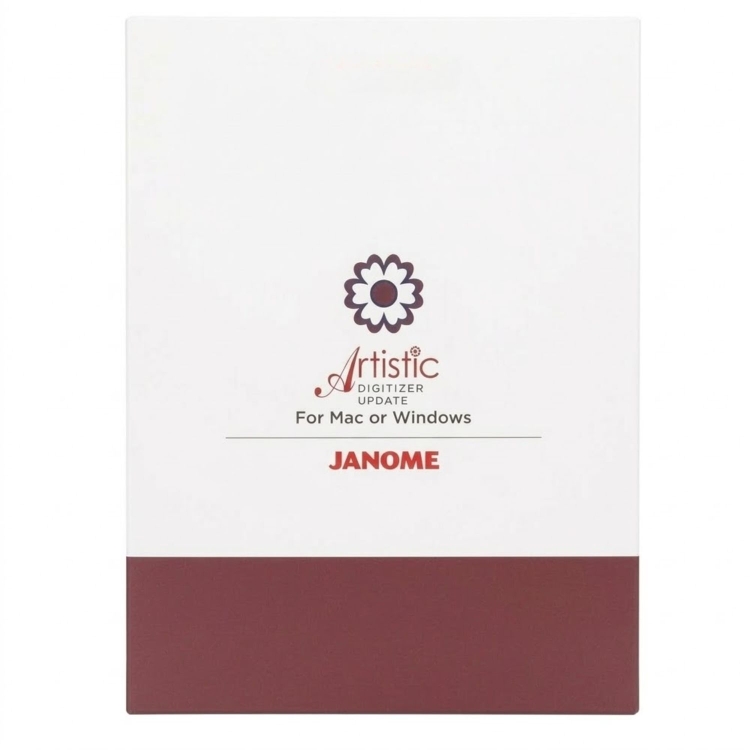 Rozszerzenie Artistic Digitizer Upgrade Kit marki Janome zostało przedstawione w białym opakowaniu ozdobionym bordowym wzorem kwiatowym. Na froncie widoczny jest napis JANOME oraz nazwa produktu.