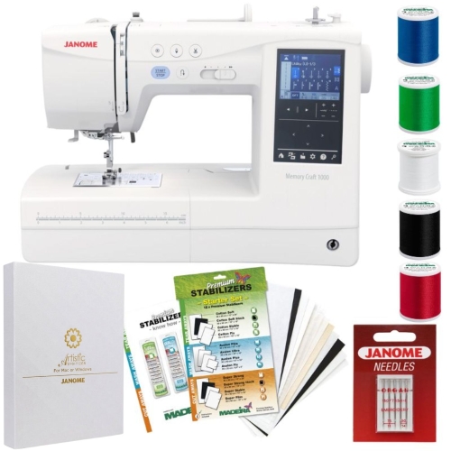 Hafciarka komputerowa Janome MC1000 w kolorze białym z panelem sterującym i ekranem LCD. W zestawie program Janome Artistic Digitizer, nici w różnych kolorach oraz zestaw stabilizatorów i igieł Janome. Przedmiot ułożony na białym tle.