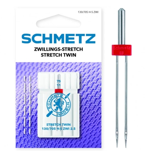 Igła podwójna Schmetz Stretch Twin 130/705 H-S ZWI do dzianin. Rozmiar 75/2.5. Specjalna konstrukcja zapobiega przepuszczaniu ściegów na elastycznych materiałach. Idealna do wykańczania t-shirtów, bluz i odzieży sportowej.