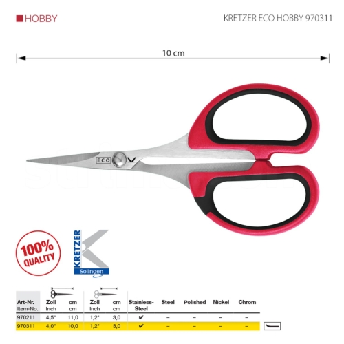 Kretzer Eco Classic 920113 to praktyczne nożyczki hobbystyczne o długości 13 cm, które sprawdzą się w wielu codziennych zastosowaniach. Ostre ostrza ze stali nierdzewnej dobrze radzą sobie z papierem, tkaninami i folią.