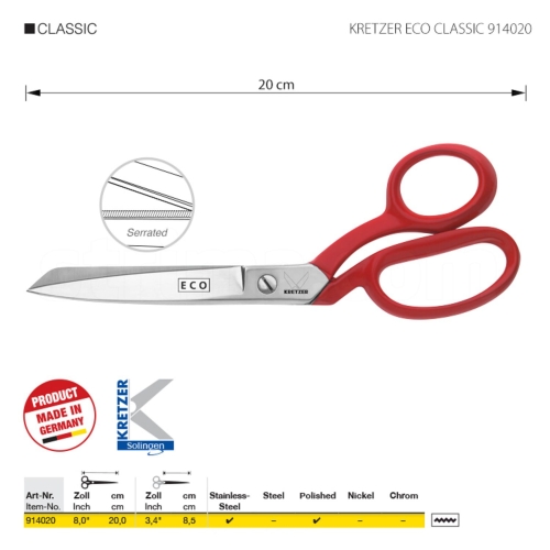 Kretzer Eco Classic 20 cm to praktyczne nożyczki krawieckie do codziennego użytku. Wykonane z wysokiej jakości stali nierdzewnej, zapewniają płynne i dokładne cięcie, a czerwone, ergonomiczne rękojeści zwiększają wygodę pracy przy różnych materiałach.