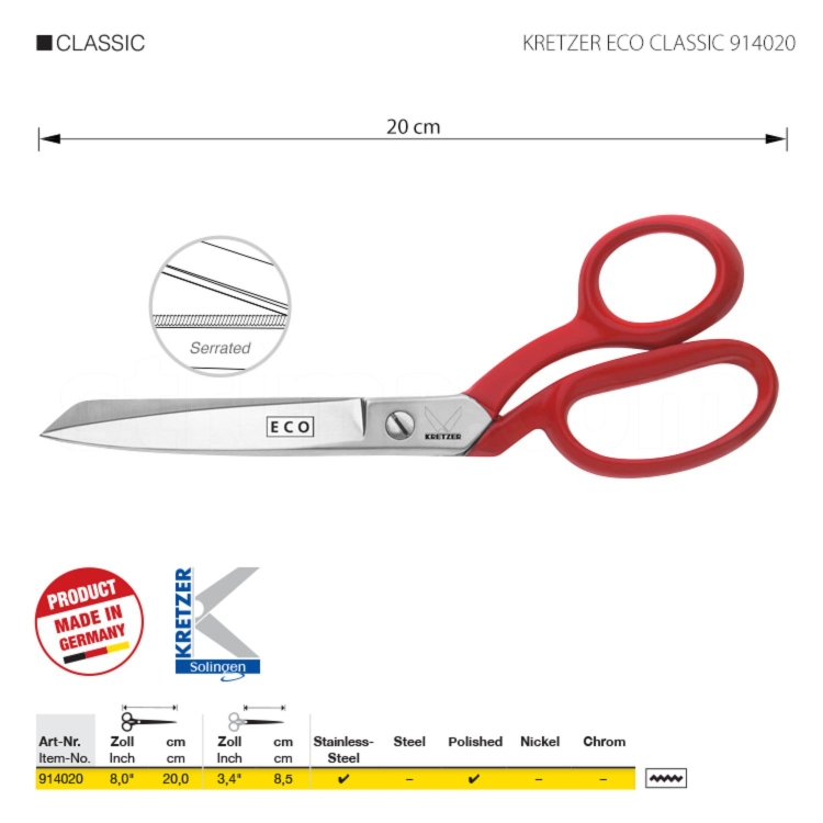 Kretzer Eco Classic 20 cm to praktyczne nożyczki krawieckie do codziennego użytku. Wykonane z wysokiej jakości stali nierdzewnej, zapewniają płynne i dokładne cięcie, a czerwone, ergonomiczne rękojeści zwiększają wygodę pracy przy różnych materiałach.