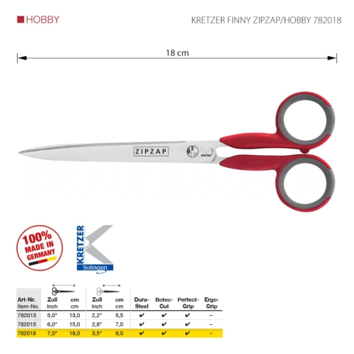 Kretzer Finny Zipzap/Hobby 782018 łączy wygodę użytkowania z precyzyjnym cięciem różnych materiałów. Długość 18 cm sprawia, że nożyczki są poręczne i uniwersalne, a hartowana stal nierdzewna odpowiada za trwałość ostrzy.