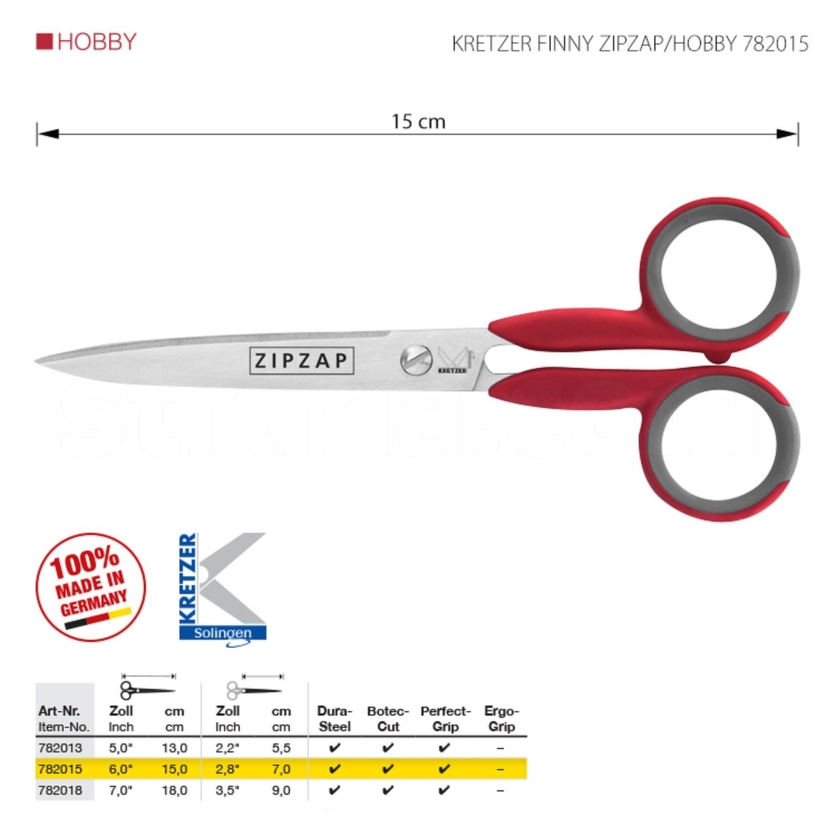 Model Kretzer Finny Zipzap/Hobby 782015 łączy poręczny rozmiar 15 cm z precyzyjnym cięciem papieru i tkanin. Hartowana stal nierdzewna, system Botec-Cut oraz uchwyty Perfect-Grip zapewniają wygodę użytkowania. Jakość Solingen.