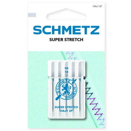 Zestaw igieł Schmetz Super Stretch HAx1 SP 90/14 to dobry wybór do dzianin i innych elastycznych tkanin. Ich profil wspiera płynne szycie i zmniejsza ryzyko pomijania ściegów. Komplet zawiera 5 sztuk.
