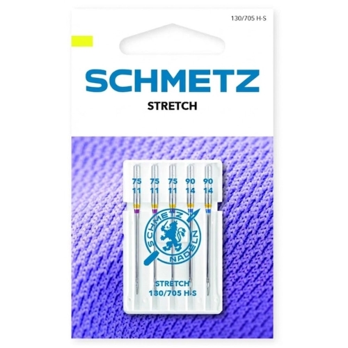 Igły Schmetz Stretch 130/705 H-S są przeznaczone do szycia dzianin i tkanin elastycznych w domowych maszynach. Specjalna budowa pomaga zmniejszyć przepuszczanie ściegów. Zestaw zawiera 5 igieł: 3x75/11 oraz 2x90/14.