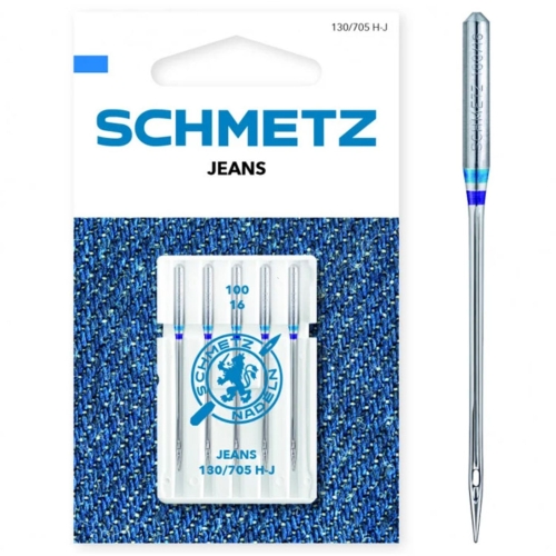 Wysokiej jakości igły do maszyn domowych Schmetz Jeans (130/705 H-J). Przeznaczone do szycia jeansu i grubych tkanin. Wzmocniona konstrukcja zapobiega pękaniu igły i przepuszczaniu ściegów. W komplecie 5 igieł w rozmiarze 100/16.