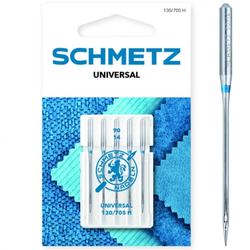 Wysokiej jakości igły do maszyn domowych Schmetz Universal (130/705 H). Przeznaczone do szycia większości typów tkanin. Mają lekko zaokrąglone czubki, co zapobiega uszkadzaniu włókien. W komplecie 5 igieł w rozmiarze 90/14.