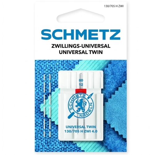 Igła podwójna SCHMETZ Universal Twin do domowych maszyn do szycia. Rozstaw 4,0 mm, grubość 80/12. Idealna do ozdobnych przeszyć, ryglowania i tworzenia zakładek na tkaninach naturalnych oraz syntetycznych. Wysoka jakość i precyzja wykonania.
