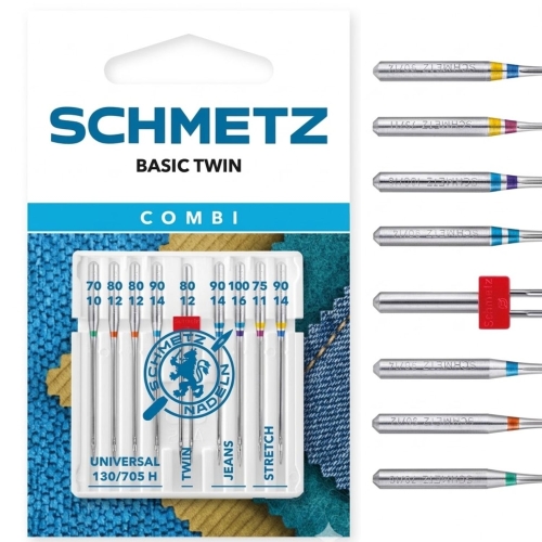 Zestaw 9 igieł SCHMETZ Combi Basic Twin do maszyn domowych. Zawiera igły uniwersalne, do jeansu, stretchu oraz igłę podwójną. Różne rozmiary (70-100) pozwalają na pracę z wieloma rodzajami tkanin. Niezbędny komplet dla każdego pasjonata szycia.