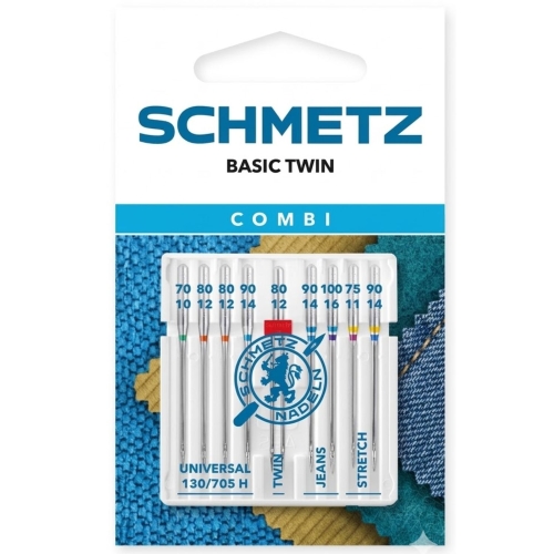 SCHMETZ Combi Basic Twin to zestaw 9 igieł do maszyn domowych, przygotowany z myślą o szyciu różnych rodzajów materiałów. Komplet obejmuje igły uniwersalne, jeansowe, stretch oraz igłę podwójną do ściegów dekoracyjnych.