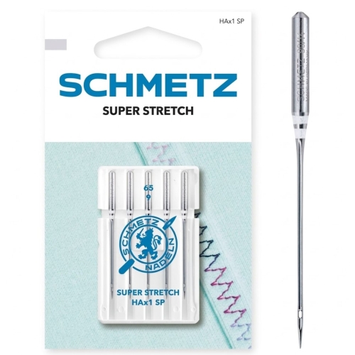 Igły SCHMETZ Super Stretch HAx1 SP w rozmiarze 65 zostały stworzone do szycia bardzo elastycznych materiałów na maszynach domowych. Dobrze sprawdzają się przy dzianinach, tkaninach sportowych.