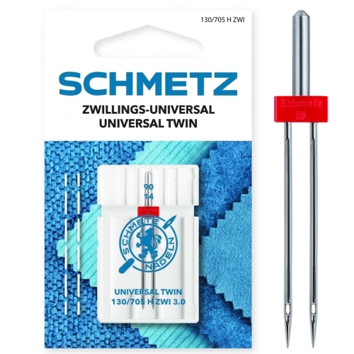 Igła podwójna SCHMETZ Universal Twin 80/12 o rozstawie 3,0 mm pozwala szyć dwoma nićmi górnymi jednocześnie. Idealna do ozdobnych przeszyć, stębnowania i zakładek na większości tkanin. Do domowych maszyn do szycia.