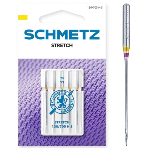 Igły SCHMETZ Stretch (rozmiar 75/11) do maszyn domowych. Idealne do dzianin, lycry i innych bardzo elastycznych materiałów. Specjalna konstrukcja z kulkowym czubkiem zapobiega przepuszczaniu ściegów.