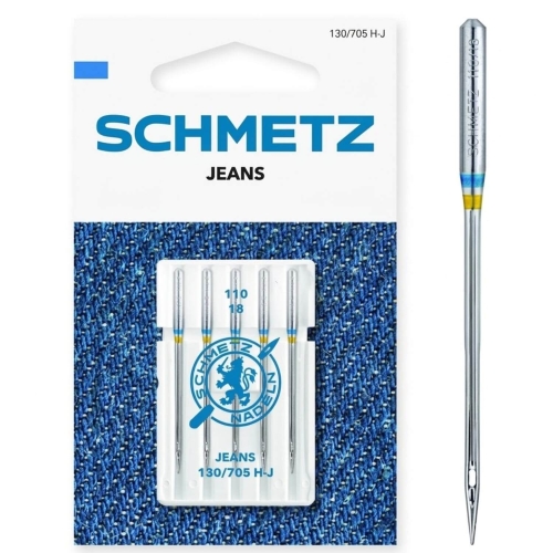 Igły SCHMETZ Jeans (rozmiar 110/18) do maszyn domowych. Wzmocniona konstrukcja idealna do szycia grubych tkanin jak denim czy drelich. Zapobiegają łamaniu igieł i przepuszczaniu ściegów. Zestaw zawiera 5 sztuk profesjonalnych igieł.