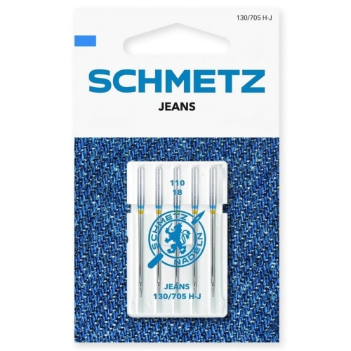 SCHMETZ Jeans 110/18 to igły do domowych maszyn do szycia, przeznaczone do denimu, drelichu i innych mocniejszych tkanin. Dzięki solidnej konstrukcji dobrze radzą sobie z grubszym materiałem i wspierają równe, pewne szycie. Zestaw zawiera 5 sztuk.