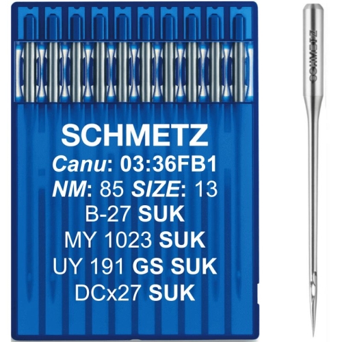 Igły przemysłowe SCHMETZ B-27 SUK / DCx27 SUK w rozmiarze NM 85 / SIZE 13 to komplet 10 sztuk przeznaczonych do precyzyjnego szycia dzianin. To praktyczny wybór do codziennej pracy, gdy liczy się dokładny ścieg i płynne prowadzenie materiału.
