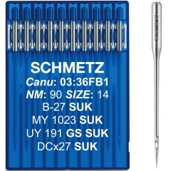 Igły przemysłowe SCHMETZ B-27 SUK / DCx27 SUK NM 90 / SIZE 14 do szycia dzianin. Zestaw 10 sztuk do owerloków, zapewniający precyzyjny ścieg i płynną pracę z elastycznym materiałem.