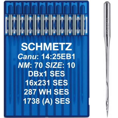 Zestaw 10 igieł przemysłowych Schmetz 14:25 EB1 (size 70/10, SES z kulką) do lekkich dzianin. Systemy DBx1, 16x231, 287 WH, 1738(A). Wysoka precyzja i jakość.