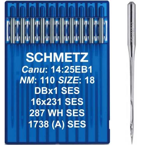 "Zestaw 10 igieł Schmetz 16x231 SES (rozm. 110/18) z małą kulką do grubych dzianin i dresówek. System DBx1, Canu 14:25EB1. Chronią strukturę materiału, zapobiegają zaciągnięciom i przepuszczaniu ściegów. Wytrzymałe i precyzyjne." (234 znaki)