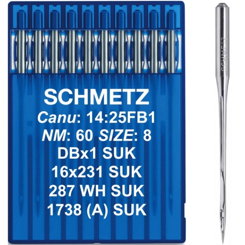 Komplet 10 igieł Schmetz 16x231 SUK 60/8 ze średnią kulką, przeznaczonych do cienkich dzianin i lekkich materiałów elastycznych. System DBx1, Canu 14:25FB1. Delikatnie rozchylają włókna, pomagając ograniczyć zaciągnięcia i uszkodzenia materiału.