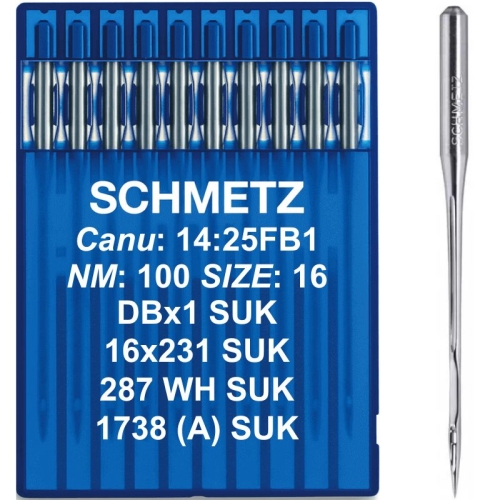 Schmetz 16x231 SUK 100/16 to komplet 10 igieł do grubych dzianin, dresówki i materiałów elastycznych. Czubek ze średnią kulką delikatnie rozsuwa włókna, pomagając ograniczyć zaciągnięcia i uszkodzenia. System DBx1, Canu 14:25FB1.