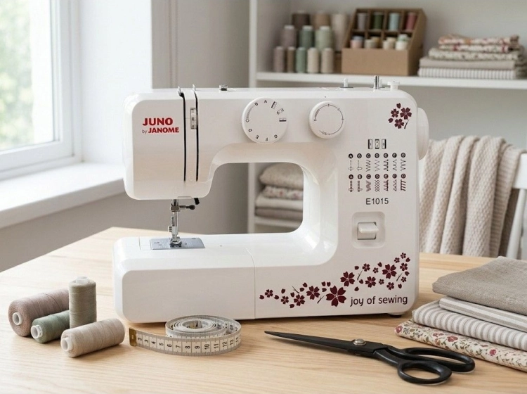 Maszyna do szycia Janome JUNO E1015 w kolorze białym z czerwonym logo. Widoczna pokrętła do ustawień oraz ozdobny nadruk z kwiatami i napisem joy of sewing. Ujęcie z boku, pokazujące igłę i mechanizm szycia.