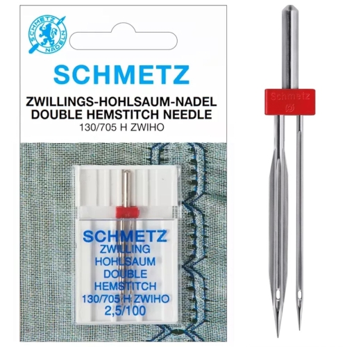 Igła podwójna Schmetz do mereżki o rozstawie 2,5 mm i grubości 100. Idealna do tworzenia ozdobnych ażurów i dekoracyjnych ściegów w tkaninach o luźnym splocie. Gwarantuje najwyższą precyzję szycia oraz trwałość dzięki niemieckiej jakości.